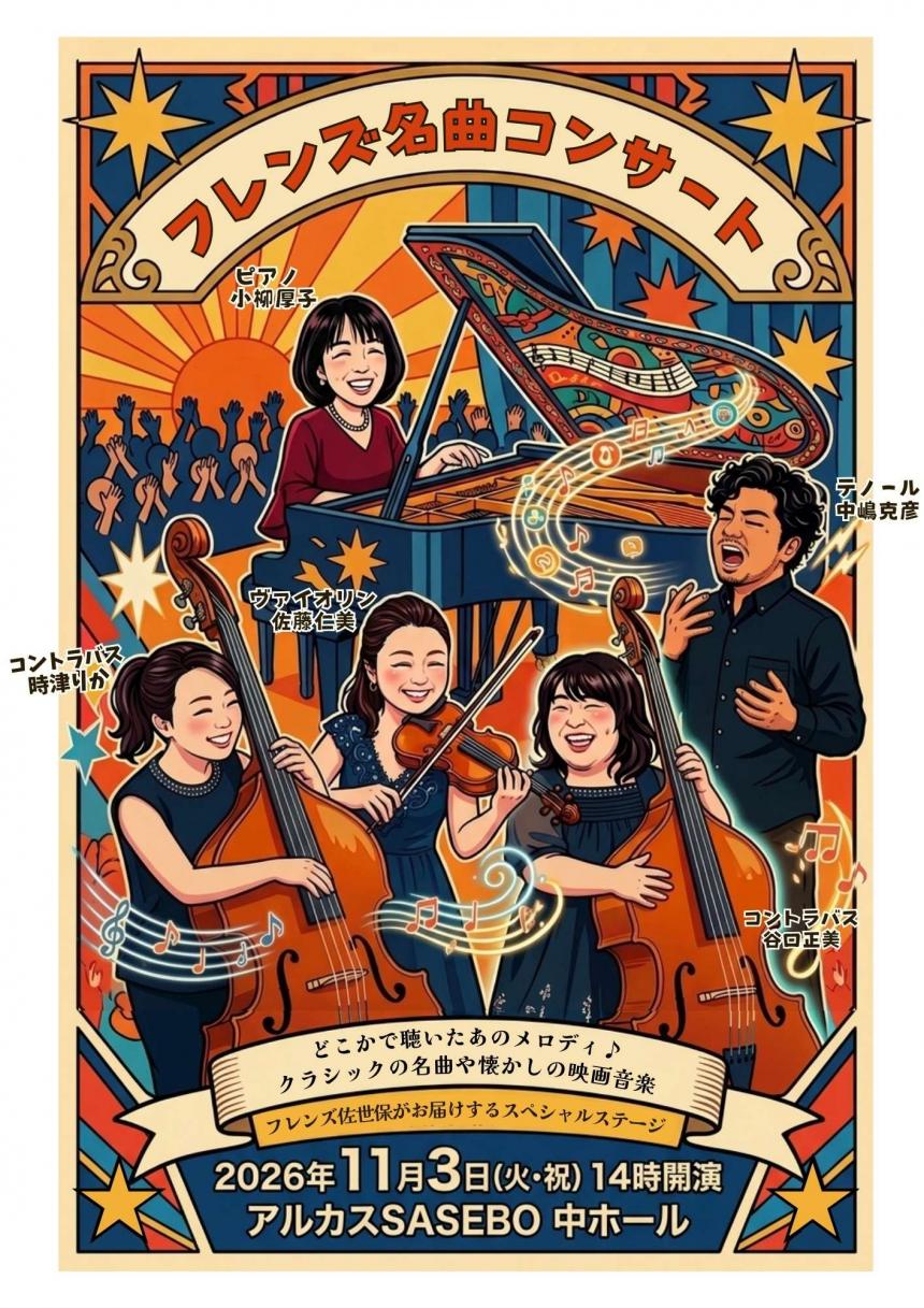 「文化の日」にアルカスで本物の生演奏を！世代を超えて響くフレンズ名曲コンサート