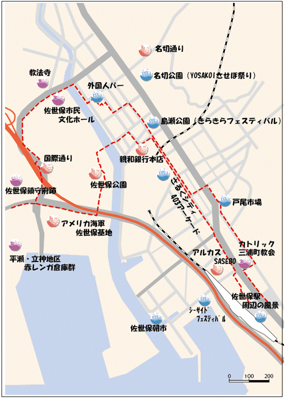 アーケード周辺させぼ景観100選の地図